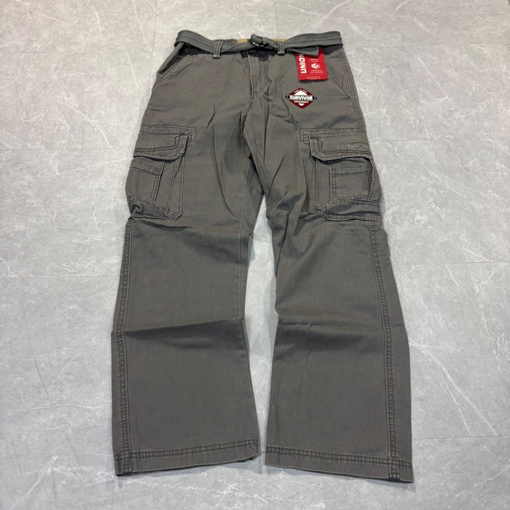 Unionbay Survivor Mens Gray Cargo Pants with Belt 30x30 Straight Leg New